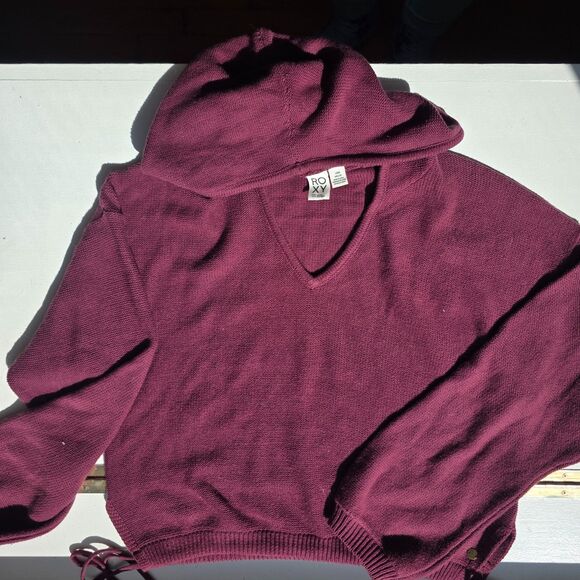 Roxy Cropped Hoodie Sweater, Deep Purple, Button & Tie Detail, Size Large - Picture 1 of 5